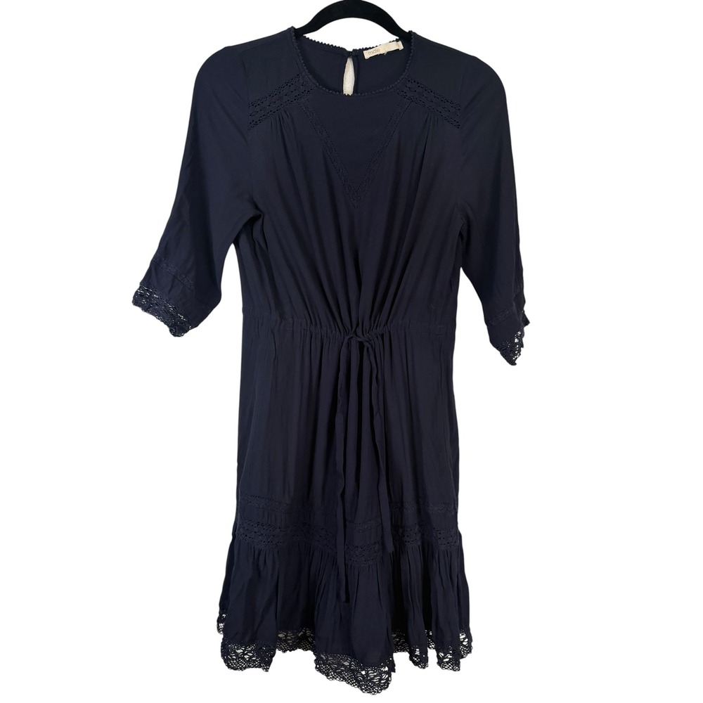 Maje Navy Blue Crochet Lace Trim Mini Dress Drawstring Waist Tiered Ruffle Hem